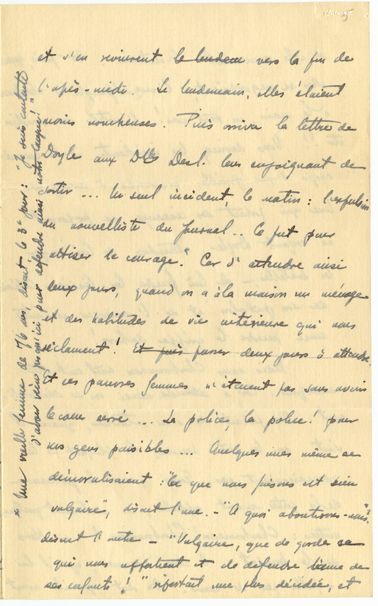 Reproduction de la cinqui&egrave;me page d’une lettre du p&egrave;re Rodrigue Villeneuve &agrave; l’abb&eacute; Lionel Groulx, 7 au 9 janvier 1916.